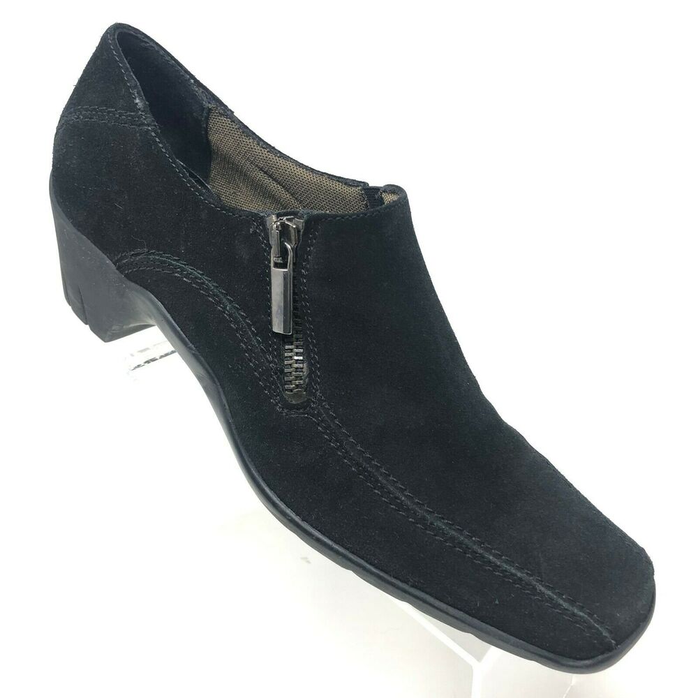 Aquatalia Square‎ Toe Heel Loafer Womens 9 Black Suede Side Zip Stitched Italy